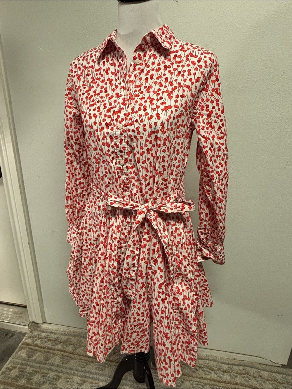 LANDS END Red Floral Tie-Waist Shirt Dress
